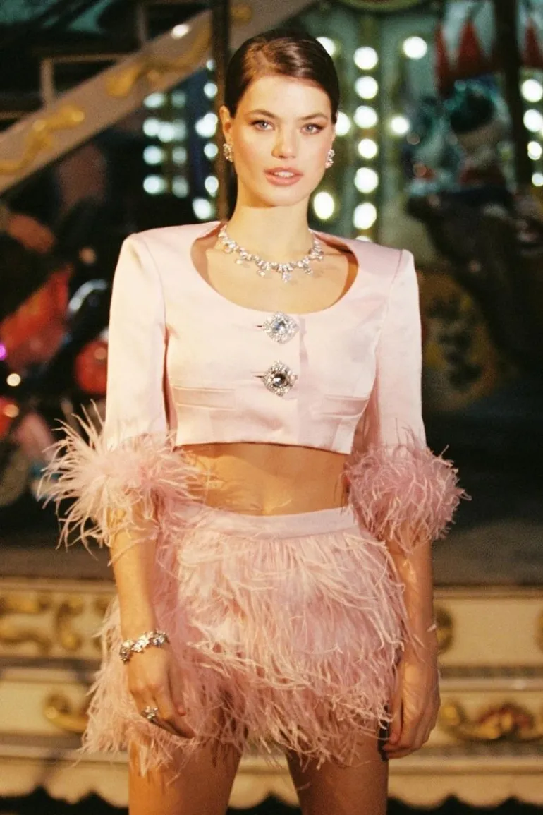 Tops<CULT MIA AMBRE SATIN FEATHER-TRIMMED TOP Pink