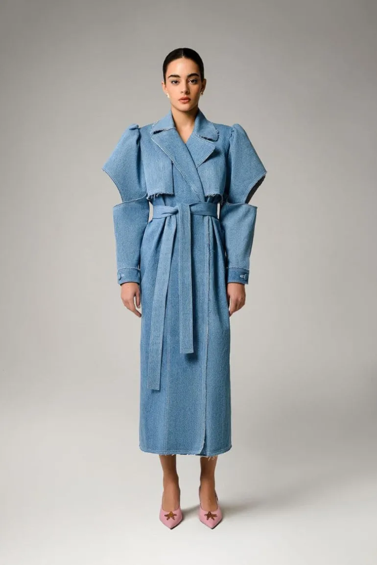 Coats<CULT MIA DENIM CUT-OUT TRENCH COAT Aqua