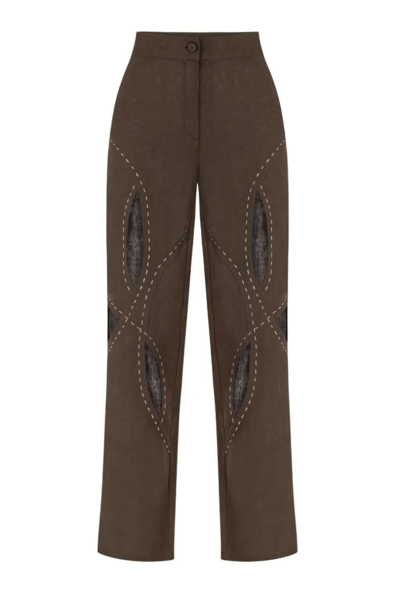 Pants<CULT MIA ASHER LINEN CUT OUT CONTRAST STITCH PANTS Cappuccino