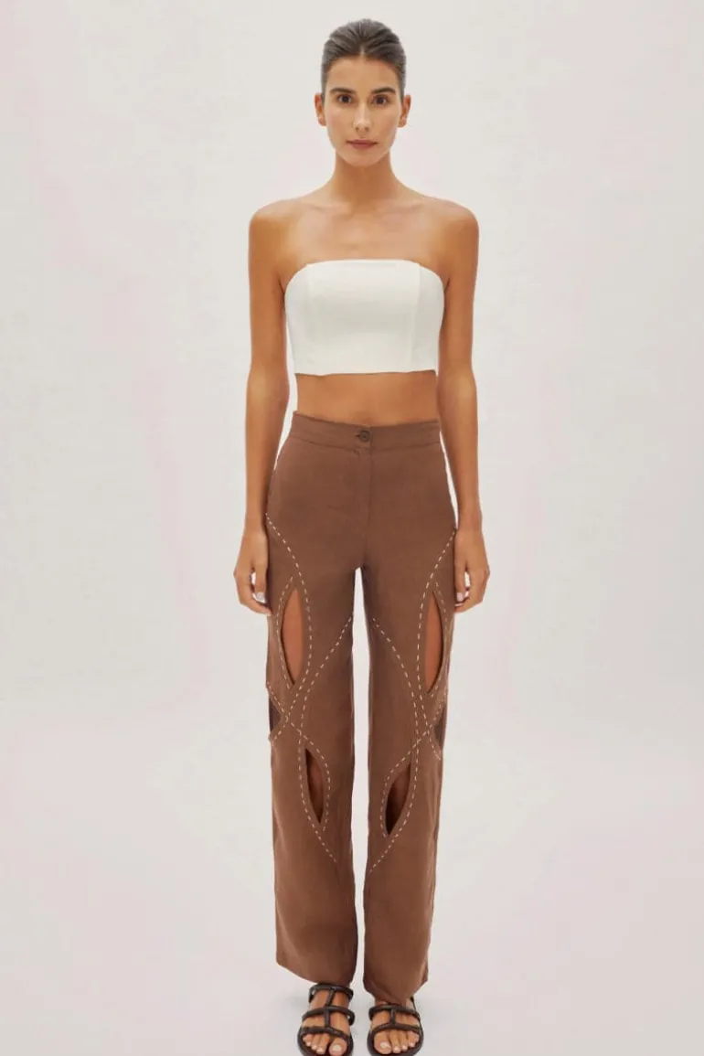 Pants<CULT MIA ASHER LINEN CUT OUT CONTRAST STITCH PANTS Cappuccino