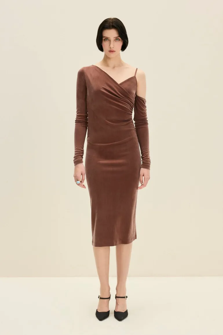 Dresses | Midi Dresses<CULT MIA ASYMMETRIC CUPRO DRESS IN Chocolate Brown