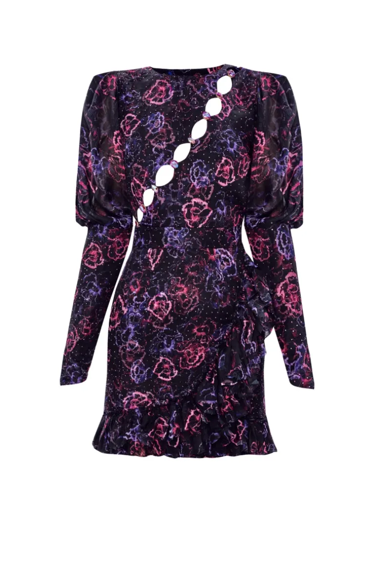 Dresses | Mini Dresses<CULT MIA ASYMMETRIC STONE PRINTED FLORAL PATTERNED MINI DRESS IN PURPLE FLORAL Multicolor
