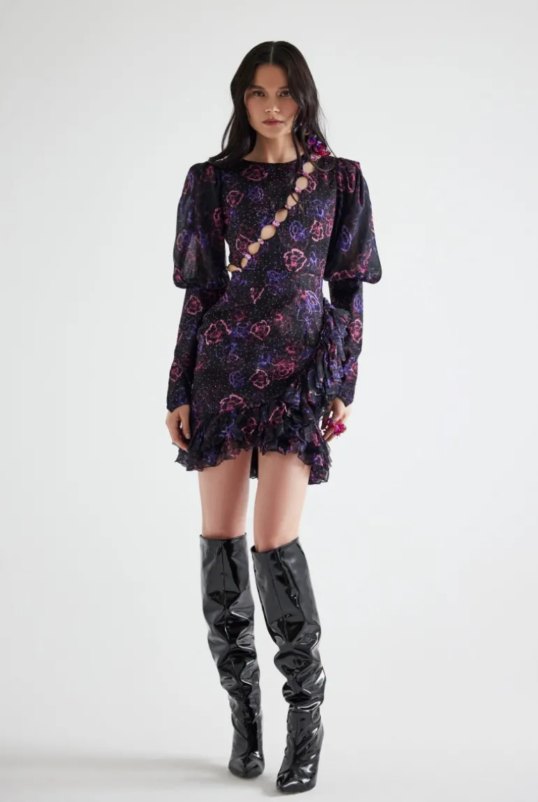 Dresses | Mini Dresses<CULT MIA ASYMMETRIC STONE PRINTED FLORAL PATTERNED MINI DRESS IN PURPLE FLORAL Multicolor