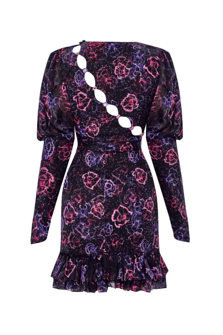 Dresses | Mini Dresses<CULT MIA ASYMMETRIC STONE PRINTED FLORAL PATTERNED MINI DRESS IN PURPLE FLORAL Multicolor
