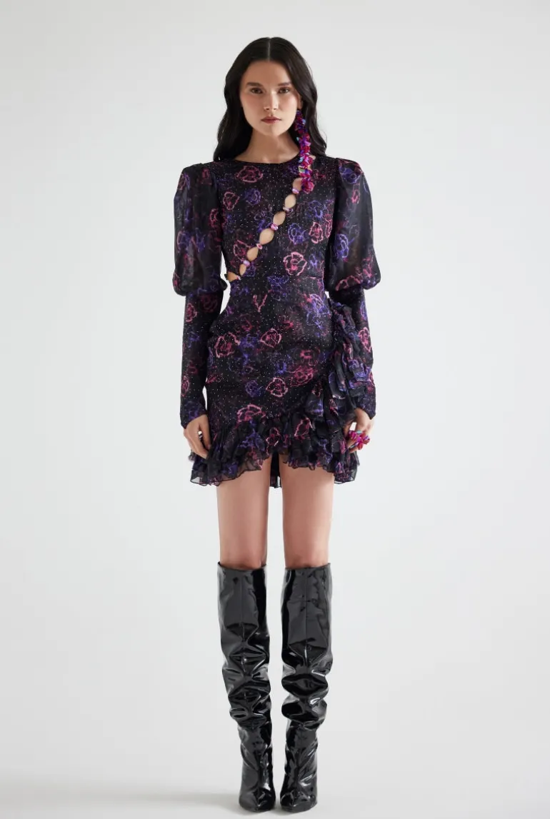 Dresses | Mini Dresses<CULT MIA ASYMMETRIC STONE PRINTED FLORAL PATTERNED MINI DRESS IN PURPLE FLORAL Multicolor