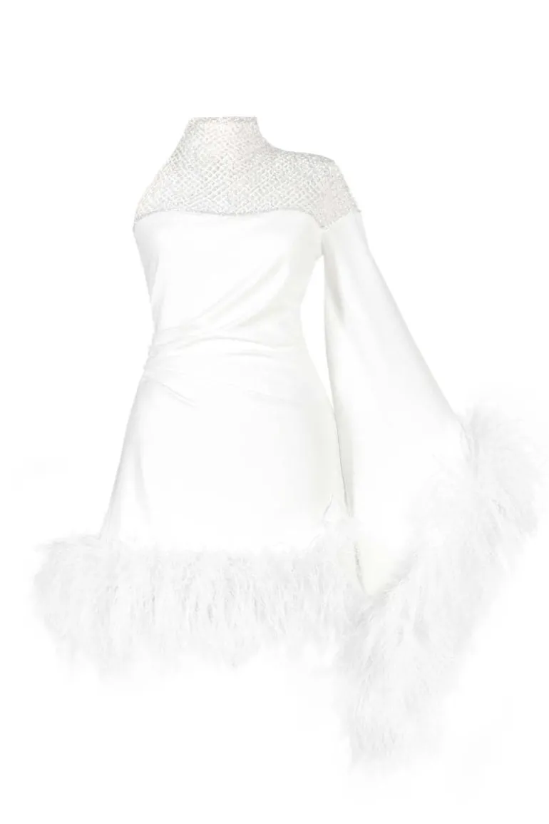 Dresses | Mini Dresses<CULT MIA AURORA ASYMMETRIC DRAPED FEATHER DRESS White