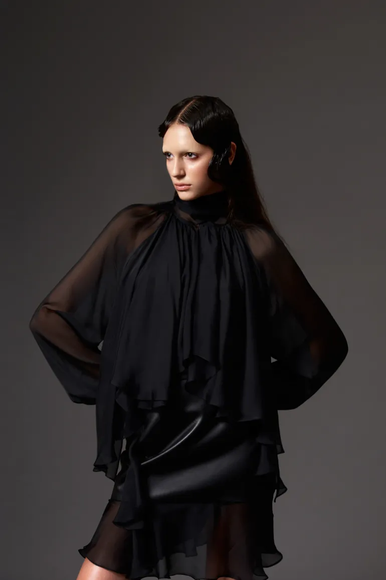 Tops<CULT MIA BALLOON-SLEEVE CHIFFON BLOUSE Black