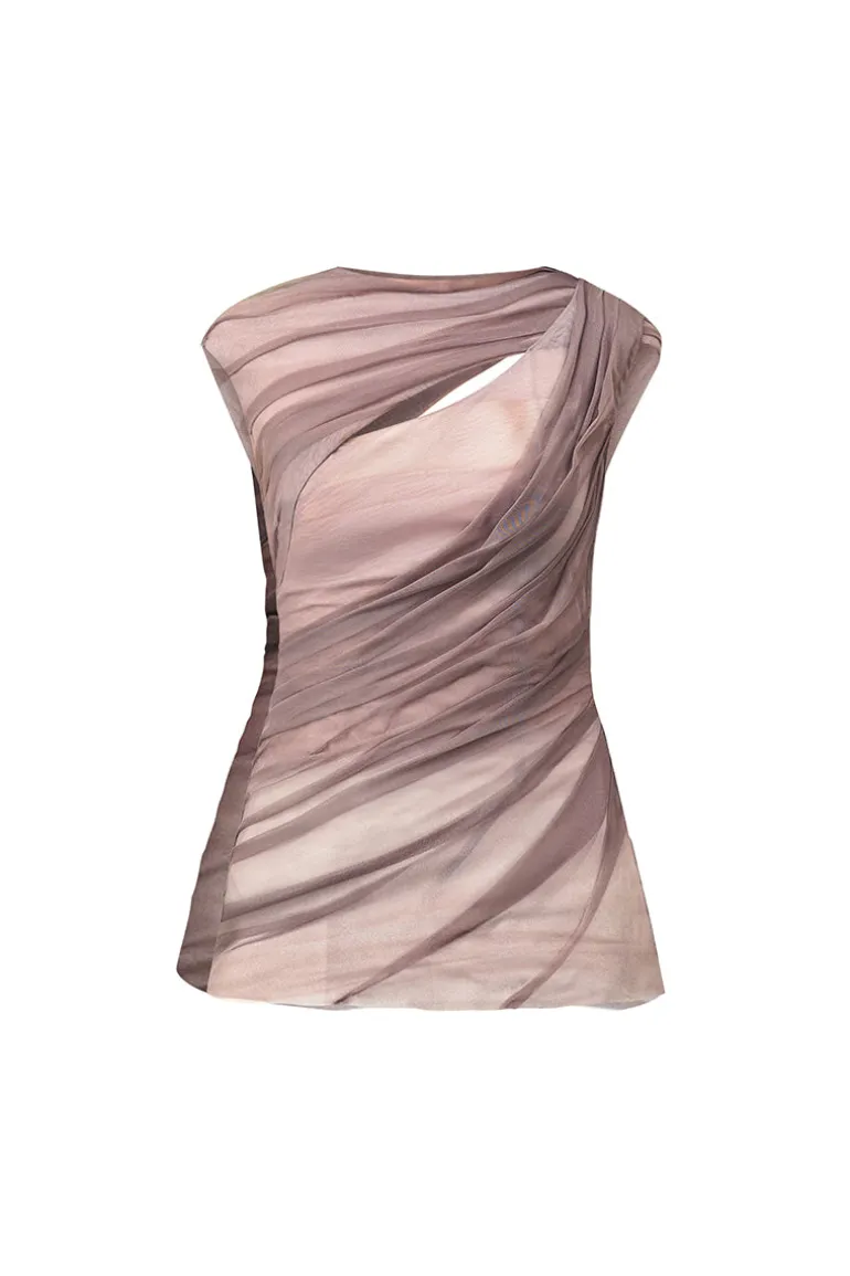 Tops<CULT MIA BALSAM BODYCON CAP SLEEVED TULLE TOP Brown