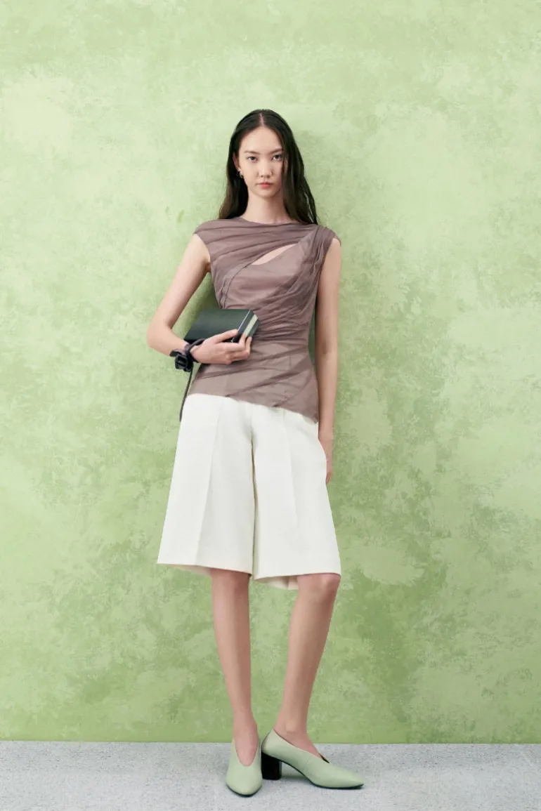 Tops<CULT MIA BALSAM BODYCON CAP SLEEVED TULLE TOP Brown