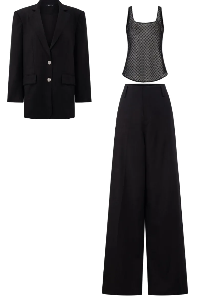 Outfit Sets<CULT MIA BEATRIX LINEN STRAIGHT BLAZER SET Black
