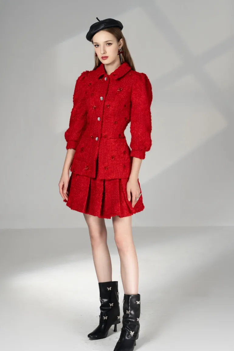Outfit Sets<CULT MIA BECCA A-LINE PUFF SLEEVE TWEED MINI SET Red