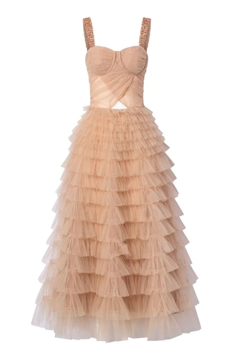 Dresses<CULT MIA LAURENT TULLE LAYERED MAXI DRESS Beige