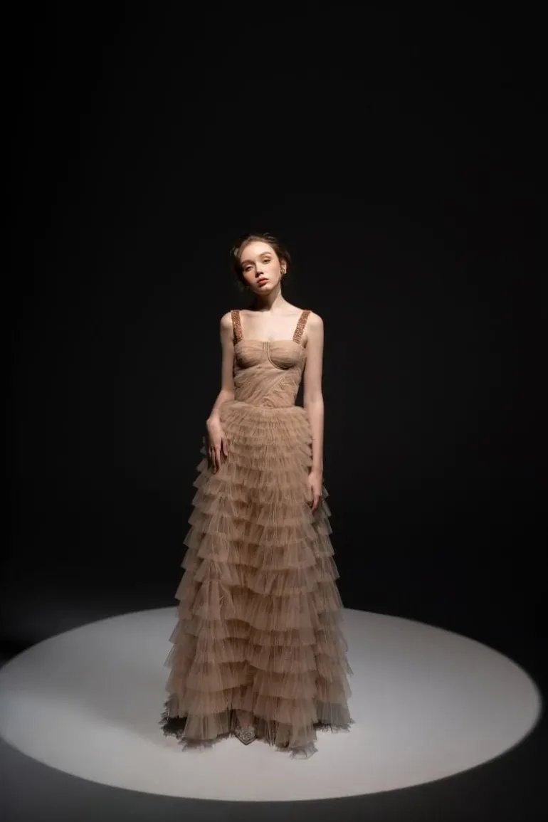Dresses<CULT MIA LAURENT TULLE LAYERED MAXI DRESS Beige