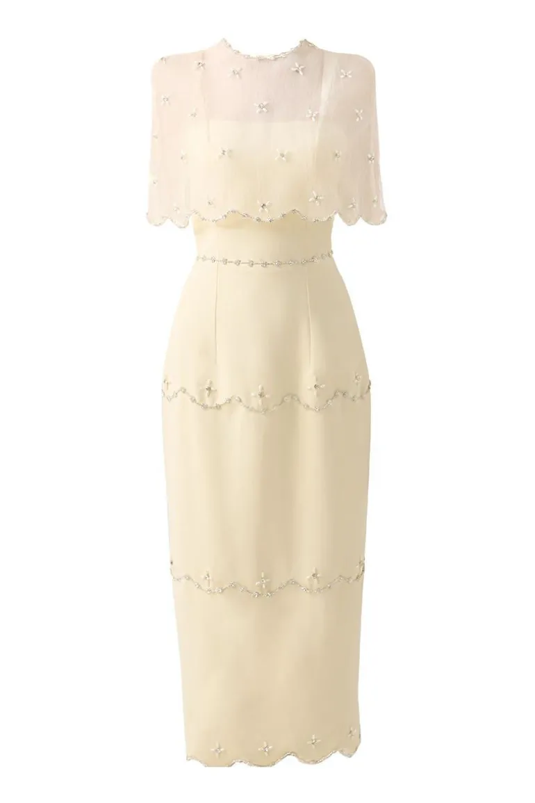 Dresses | Midi Dresses<CULT MIA SHEATH ROUND NECK MESH TAFFETA DRESS Beige