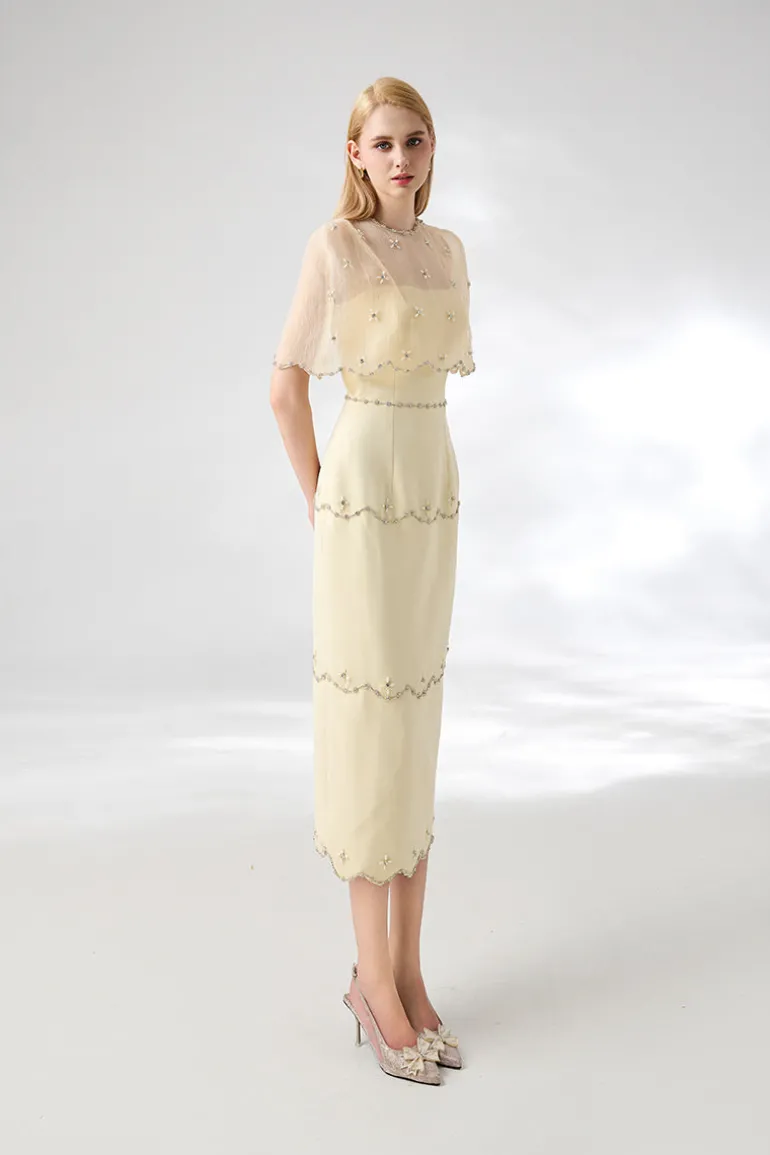Dresses | Midi Dresses<CULT MIA SHEATH ROUND NECK MESH TAFFETA DRESS Beige
