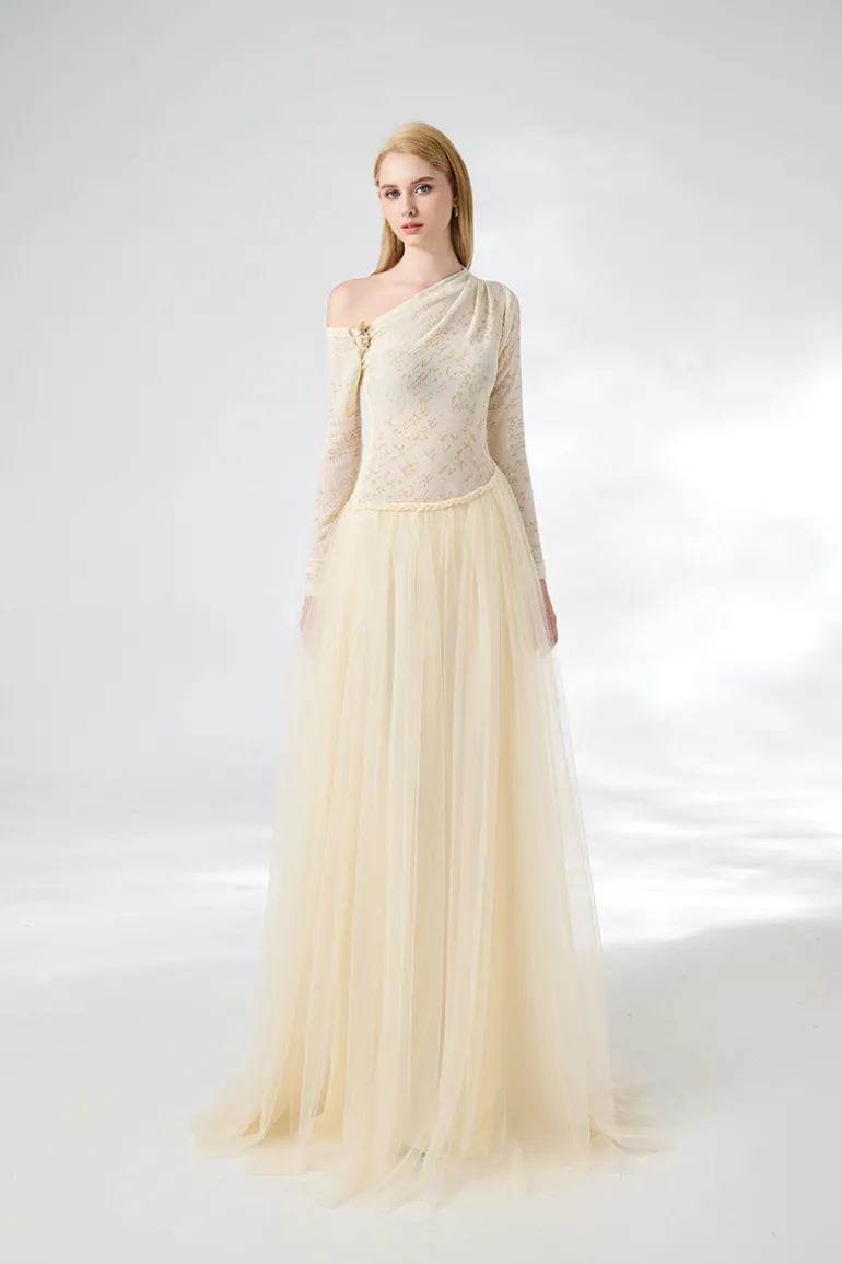 Dresses | Gowns<CULT MIA SOFTEN FIT AND FLARE LAYERED FLOOR LENGTH GOWN Beige