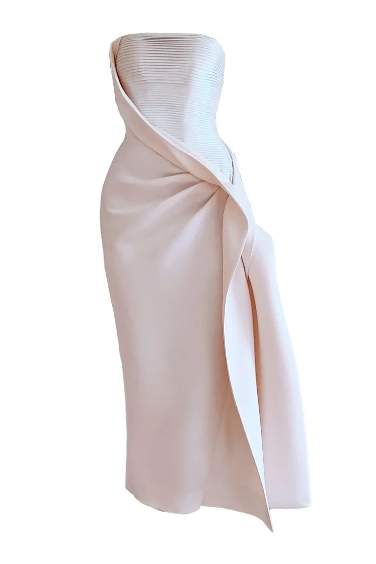 Dresses | Midi Dresses<CULT MIA STRAPLESS MIDI DRESS WITH FABRIC FLOWERS Beige