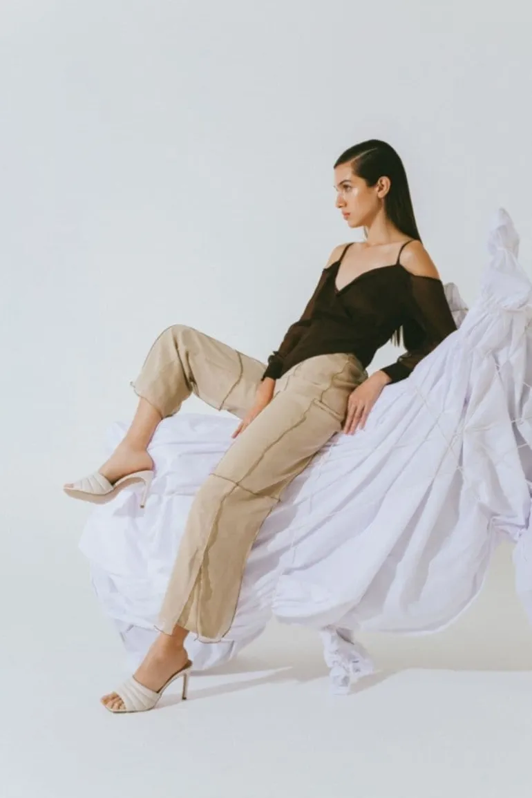 Pants<CULT MIA TERY HIGH RISE STRAIGHT PANTS Beige