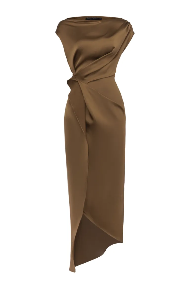 Dresses | Midi Dresses<CULT MIA BETHANY SLIT DRAPED SATIN MIDI DRESS Brown