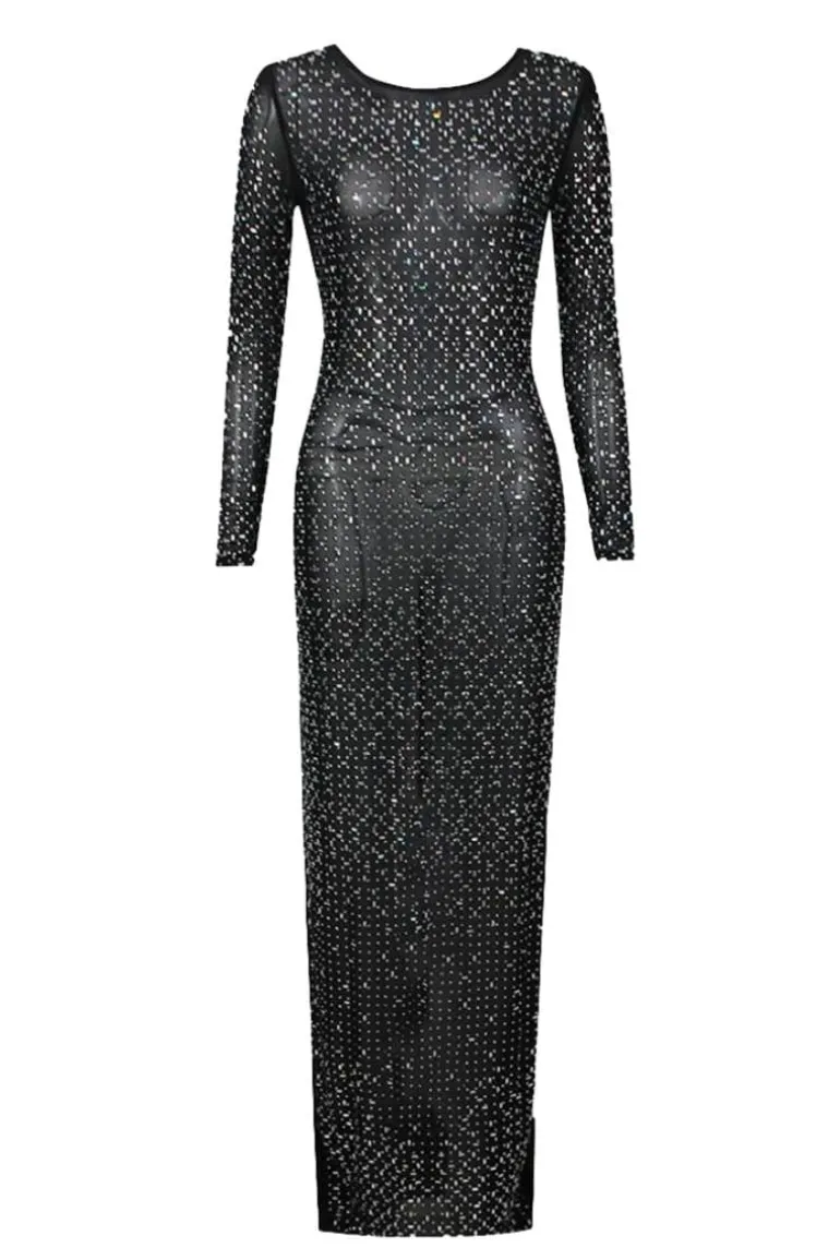 Dresses<CULT MIA CRYSTALS MESH MAXI DRESS Black