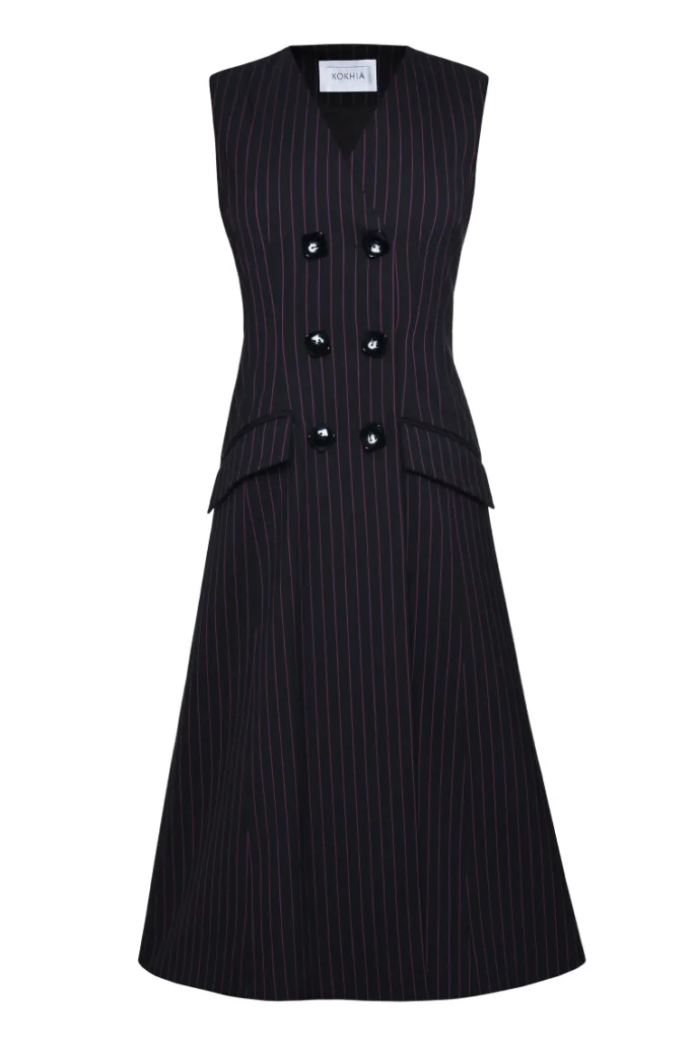 Dresses | Midi Dresses<CULT MIA BLACK DOUBLE BREASTED PINSTRIPE MIDI DRESS Black and Pink Pinstripe