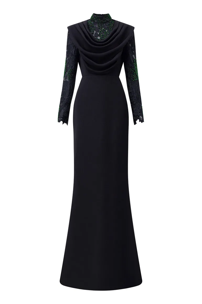 Dresses | Gowns<CULT MIA DRAPED NECK MERMAID GOWN IN LACE AND VELVET CREPE Black
