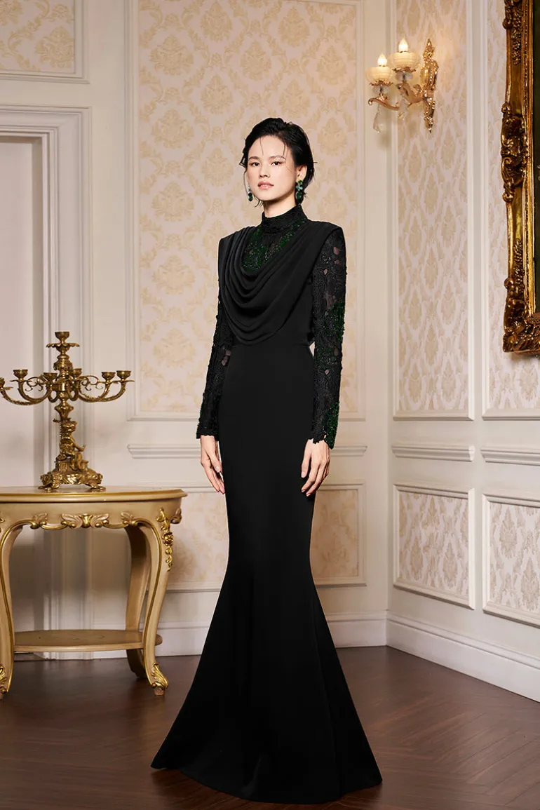 Dresses | Gowns<CULT MIA DRAPED NECK MERMAID GOWN IN LACE AND VELVET CREPE Black