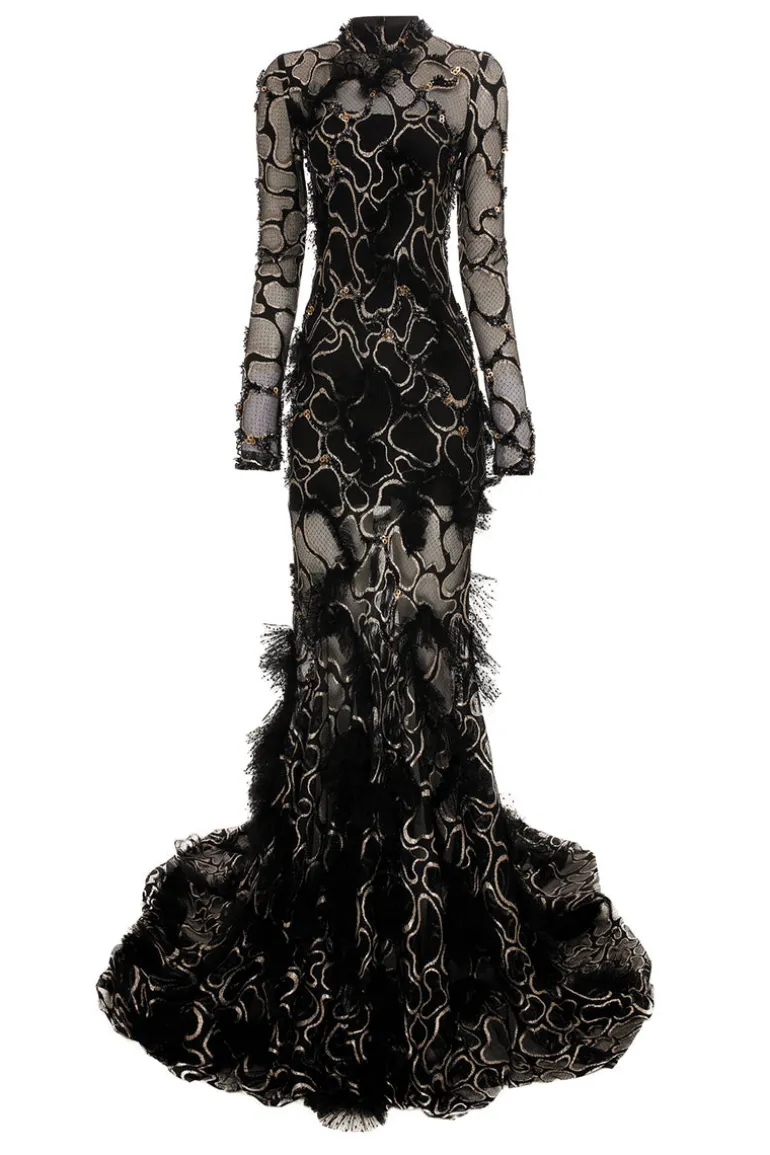 Dresses<CULT MIA EMBROIDERED LONG TAIL MAXI DRESS WITH OPEN BACK Black