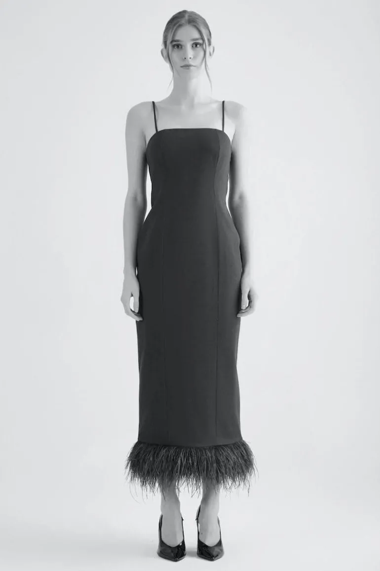 Dresses | Midi Dresses<CULT MIA BLACK FEATHER TRIMMED MIDI DRESS