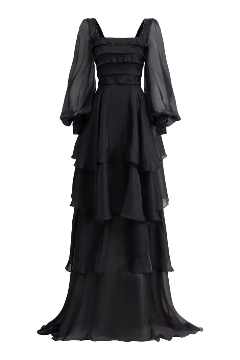 Dresses<CULT MIA GAZELLE SHINY SILK LAYERED MAXI DRESS Black
