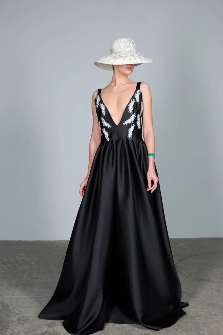 Dresses<CULT MIA HAND EMBROIDERED CRYSTAL TAFFETA MAXI DRESS Black