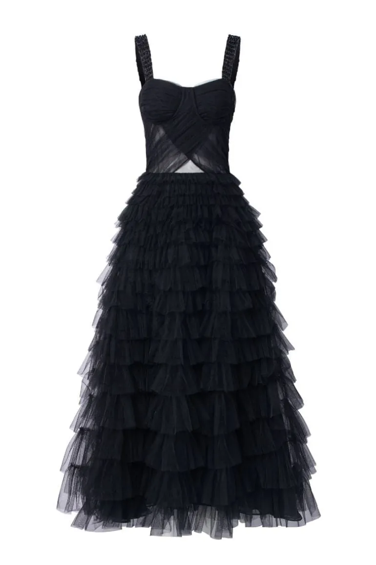 Dresses<CULT MIA LAURENT TULLE LAYERED MAXI DRESS Black