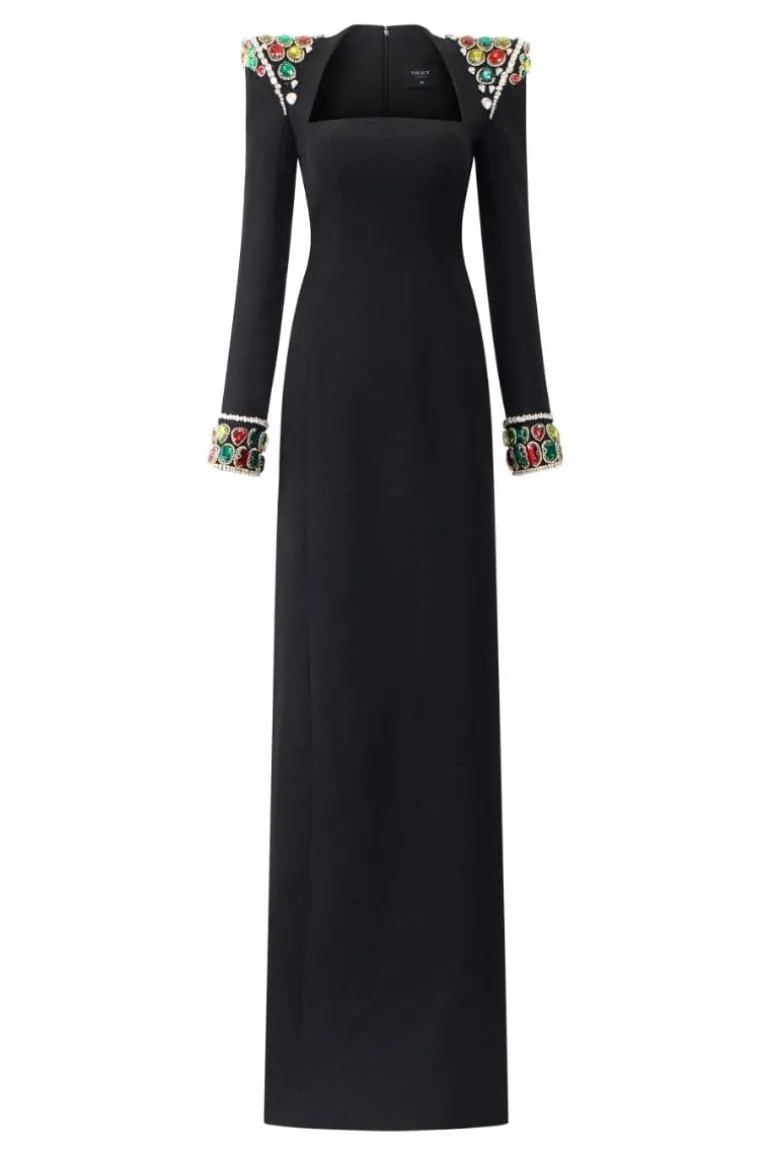 Dresses<CULT MIA LONG SLEEVE STONE EMBELLISHED SHOULDER DRESS Black