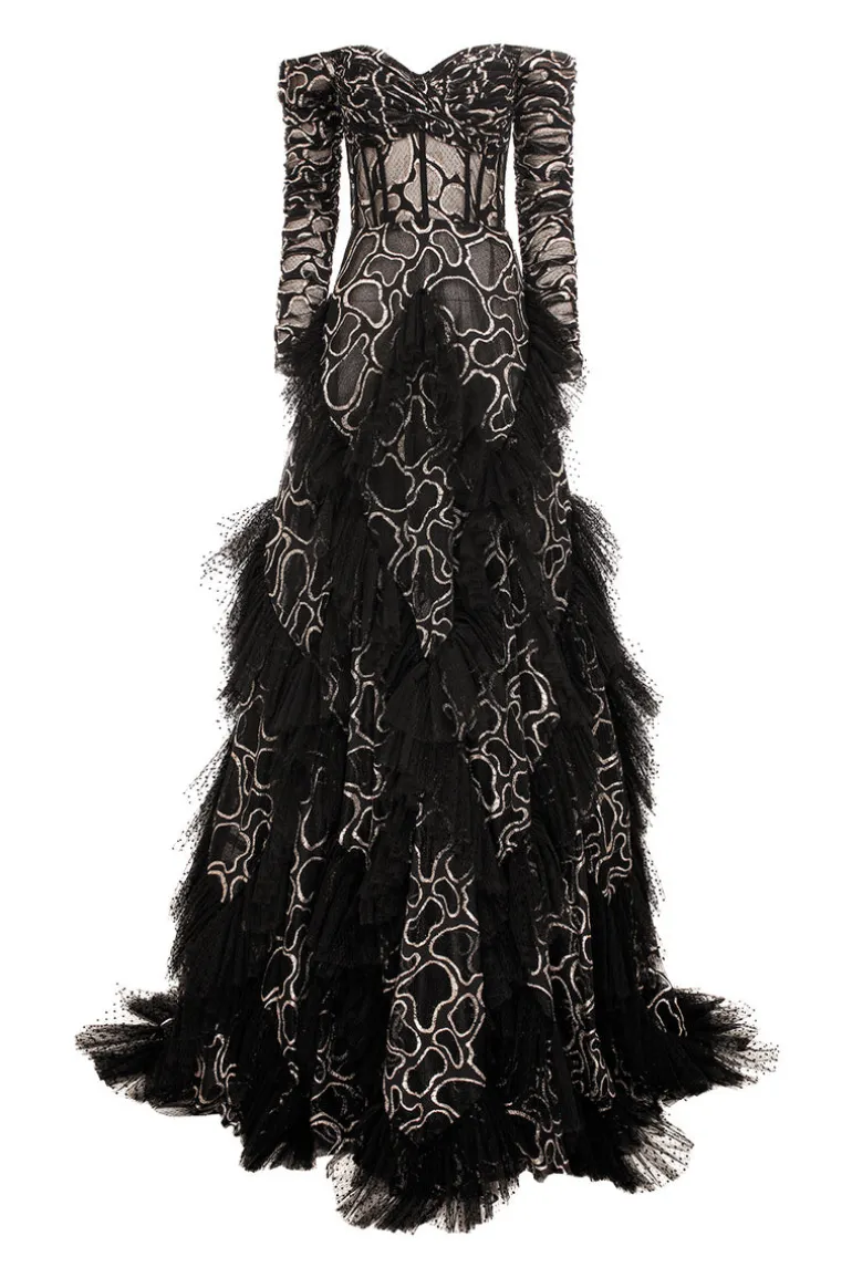Dresses<CULT MIA MAXI PRINCESS DRESS WITH FRILL DETAILS Black