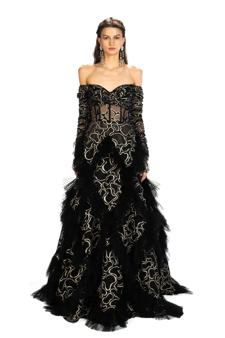 Dresses<CULT MIA MAXI PRINCESS DRESS WITH FRILL DETAILS Black