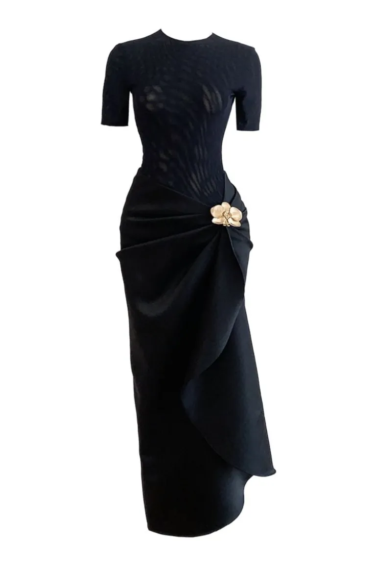 Dresses | Midi Dresses<CULT MIA ORCHID STYLIZED WAIST-DIPPED SILK MIDI DRESS Black