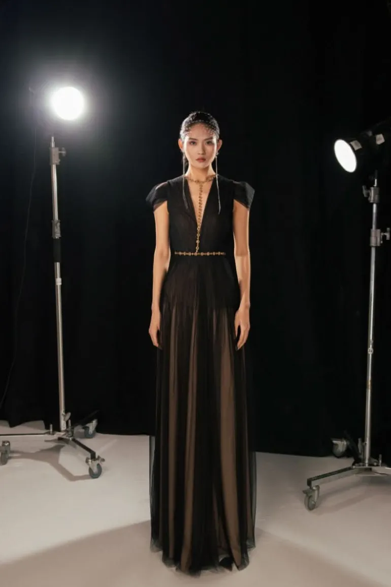 Dresses | Gowns<CULT MIA PLEATED PUFFY SLEEVED MESH MAXI DRESS Black