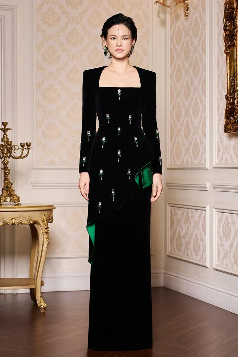 Dresses | Gowns<CULT MIA QUEEN ANNE NECKLINE AND DRAPED WAIST VELVET GOWN Black
