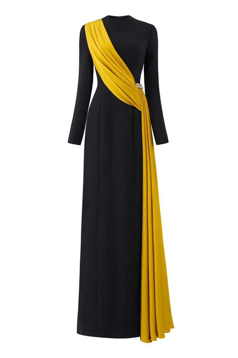 Dresses | Gowns<CULT MIA ROUND NECKLINE GOWN WITH ONE-SHOULDER FRINGED SILK Black