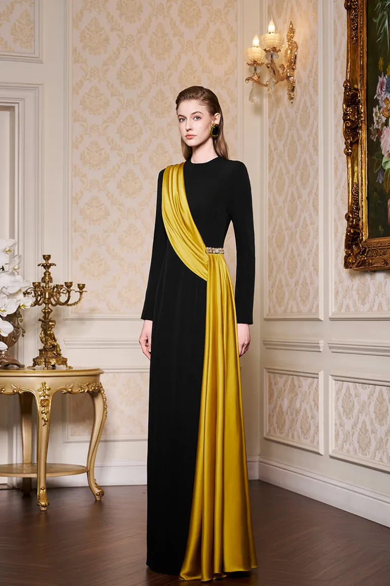 Dresses | Gowns<CULT MIA ROUND NECKLINE GOWN WITH ONE-SHOULDER FRINGED SILK Black