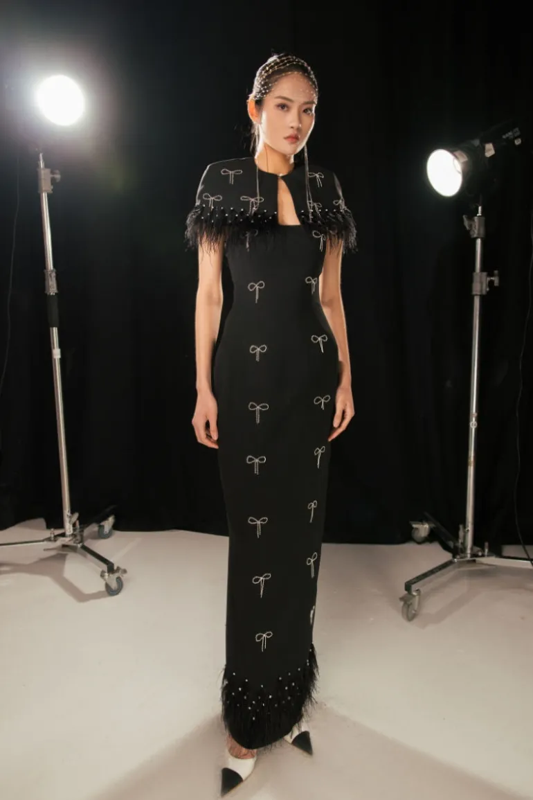 Dresses | Gowns<CULT MIA SPARKLY MAXI DRESS WITH FEATHERS Black