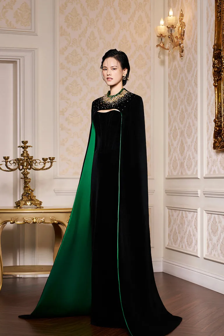 Dresses | Gowns<CULT MIA STRAPLESS BUSTIER VELVET GOWN WITH LONG CAPE Black