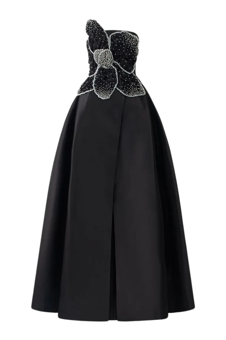 Dresses | Gowns<CULT MIA STRAPLESS ORCHID PATTERNED A-LINE GOWN Black
