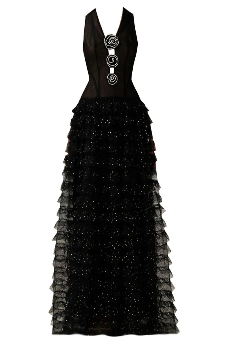 Dresses | Gowns<CULT MIA V-NECK ROSES EMBELLISHMENT GOWN Black