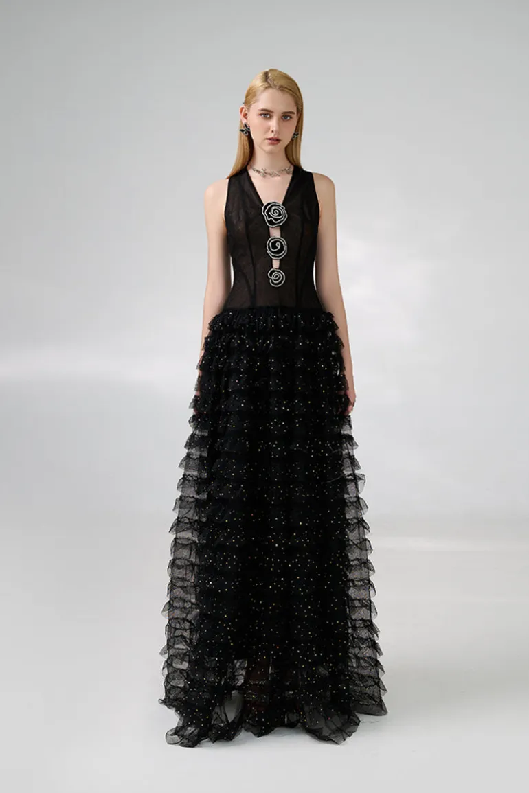 Dresses | Gowns<CULT MIA V-NECK ROSES EMBELLISHMENT GOWN Black
