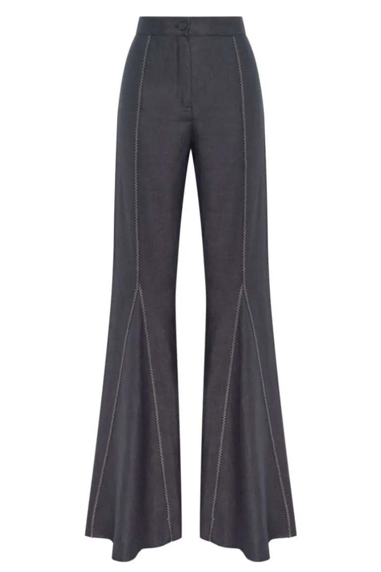 Pants<CULT MIA BLACK ZIG-ZAG FLARE PANTS Black with yellow zig-zag lines