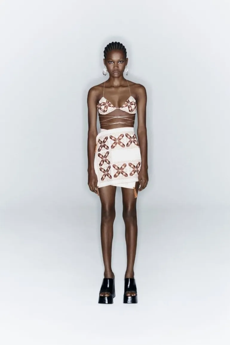 Tops<CULT MIA BORDADO CROSS-STRAPPED BRA WITH HAND EMBROIDERY White/Brown/Orange