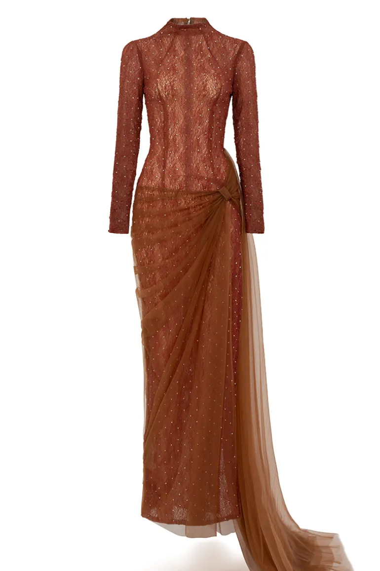 Dresses<CULT MIA BODYCON LONG SLEEVED ORGANZA MAXI DRESS Brown