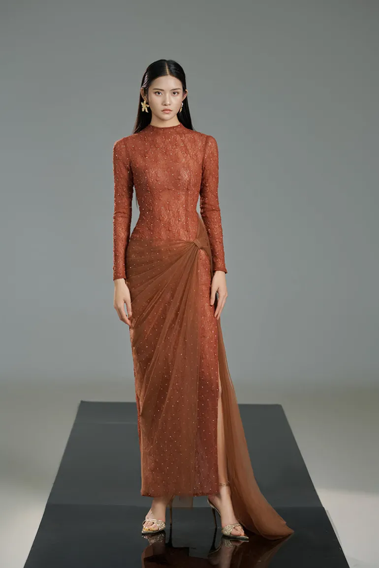 Dresses<CULT MIA BODYCON LONG SLEEVED ORGANZA MAXI DRESS Brown