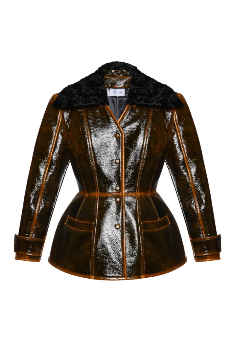 Jackets<CULT MIA FAUX LEATHER BLAZER WITH FAUX FUR COLLAR Brown